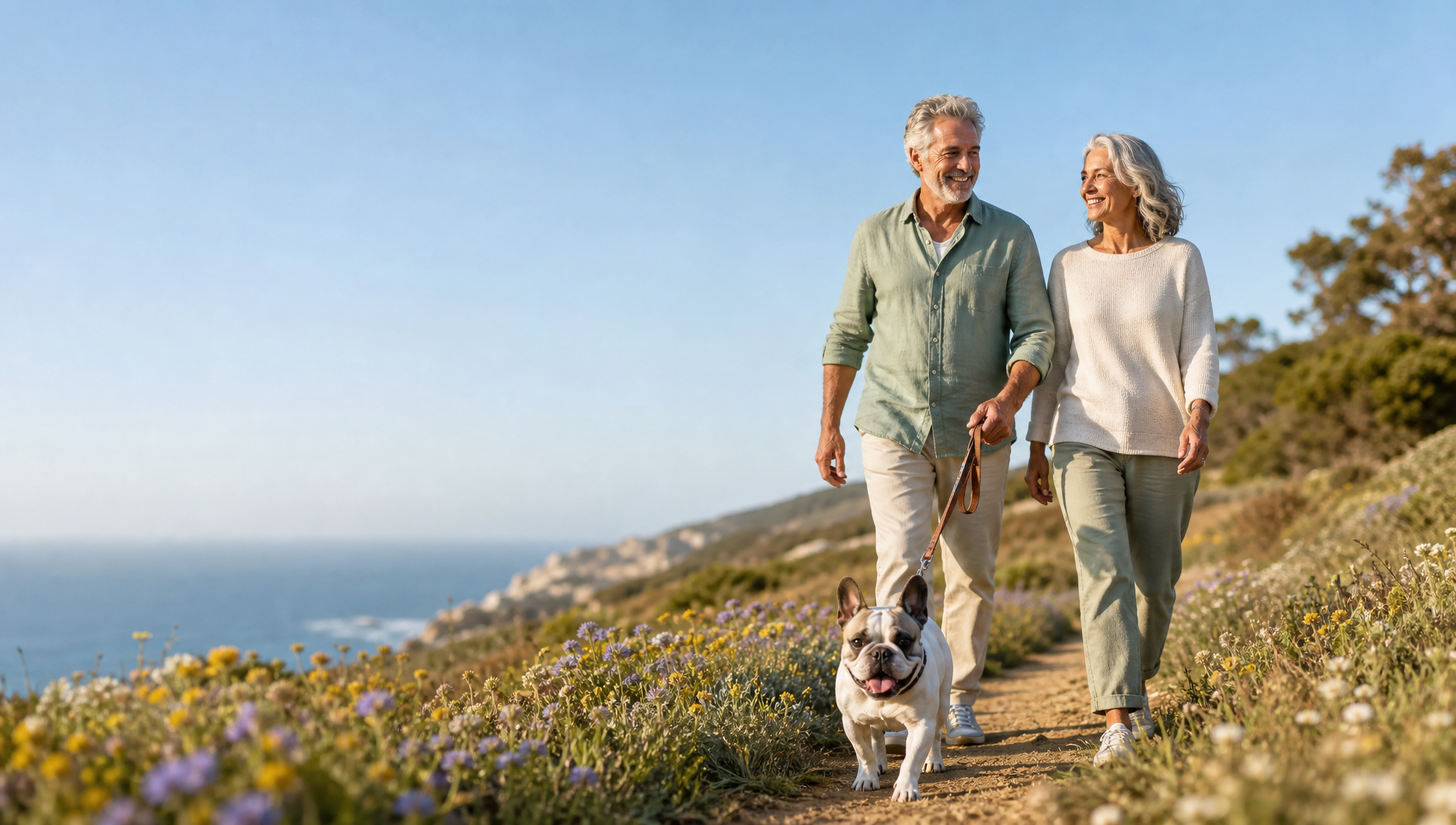 A smiling older couple walking their french bulldog along a sunny hillside trail with wildflowers, representing gentle, natural comfort for pets and their people