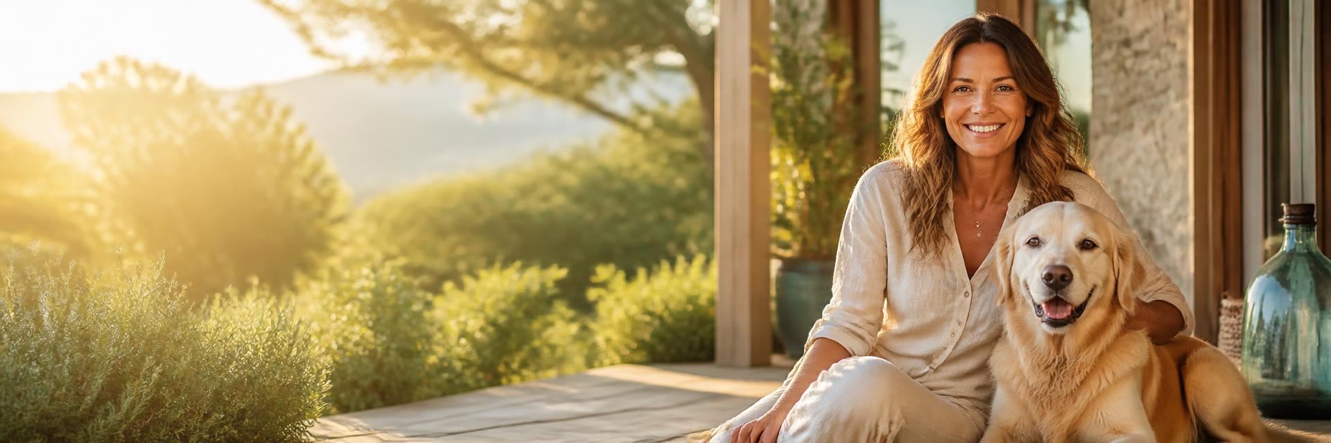 A woman gently caring for her golden retriever on a sunlit porch