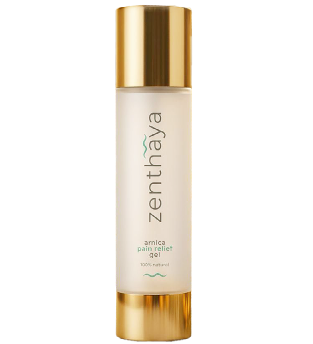 The zenthaya imprinted arnica pain relief gel bottle with its gold cap