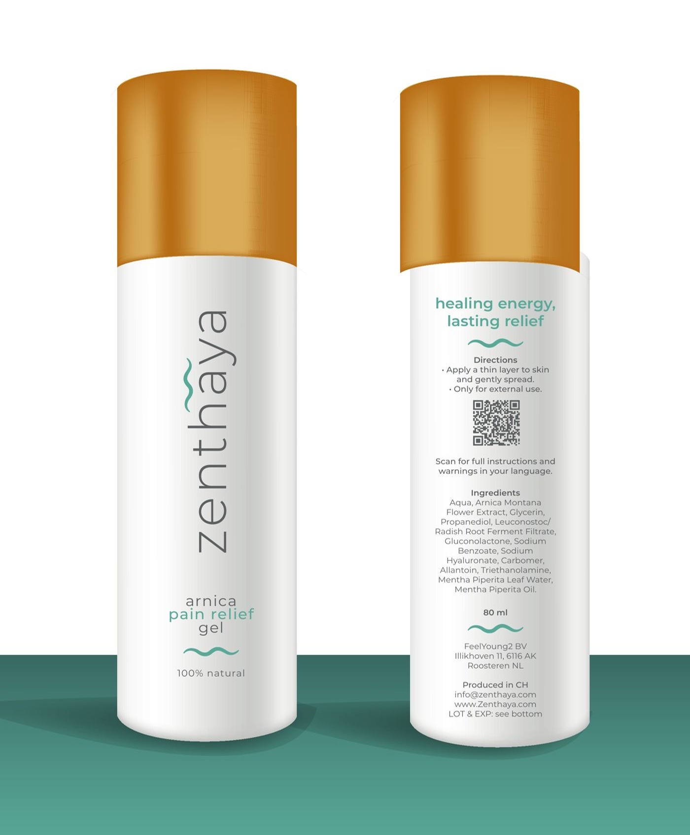 Front and back of the zenthaya imprinted arnica pain relief gel bottle