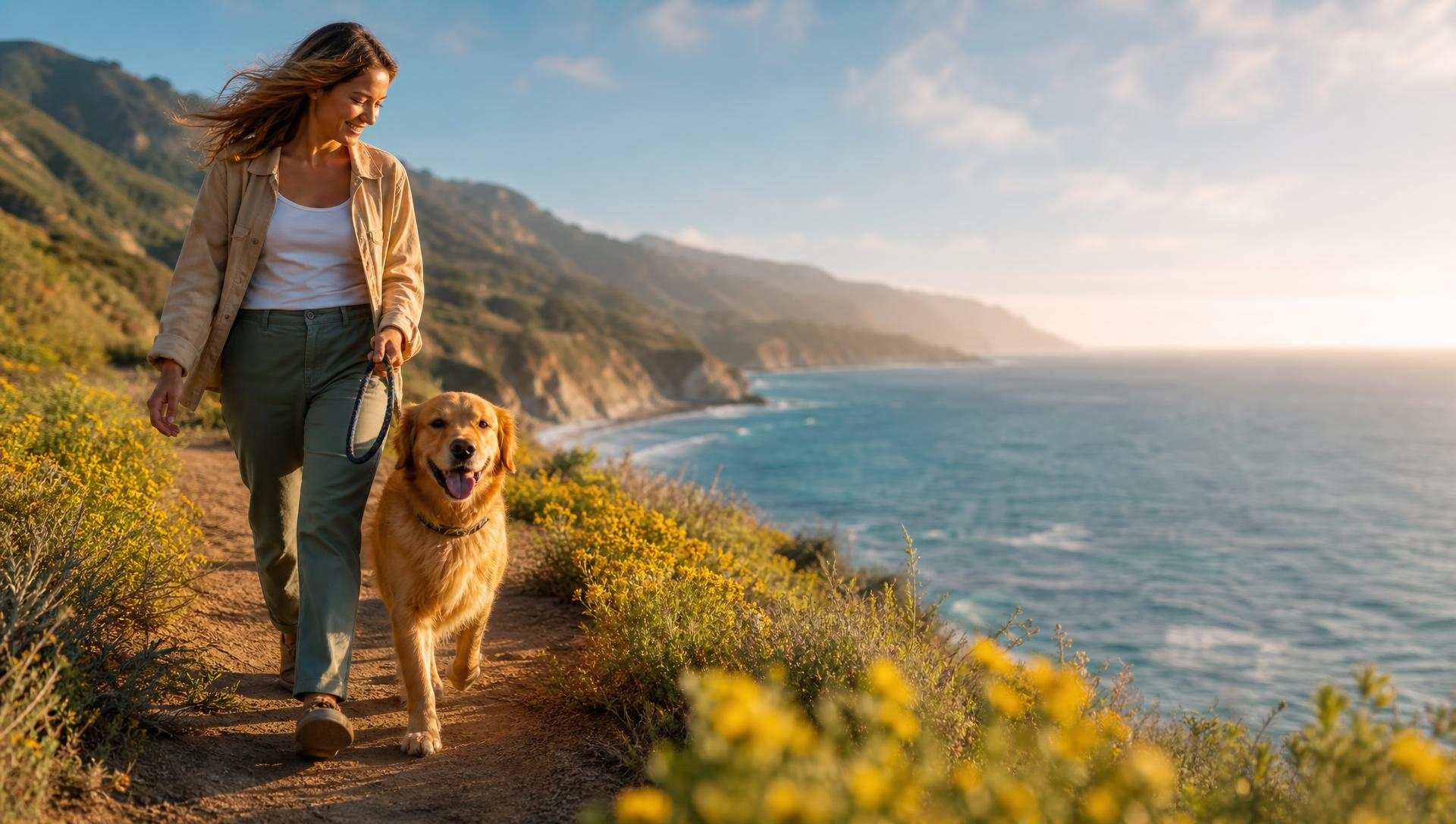 A woman walking her golden retriever along a sunlit coastal trail with teal ocean and yellow wildflowers