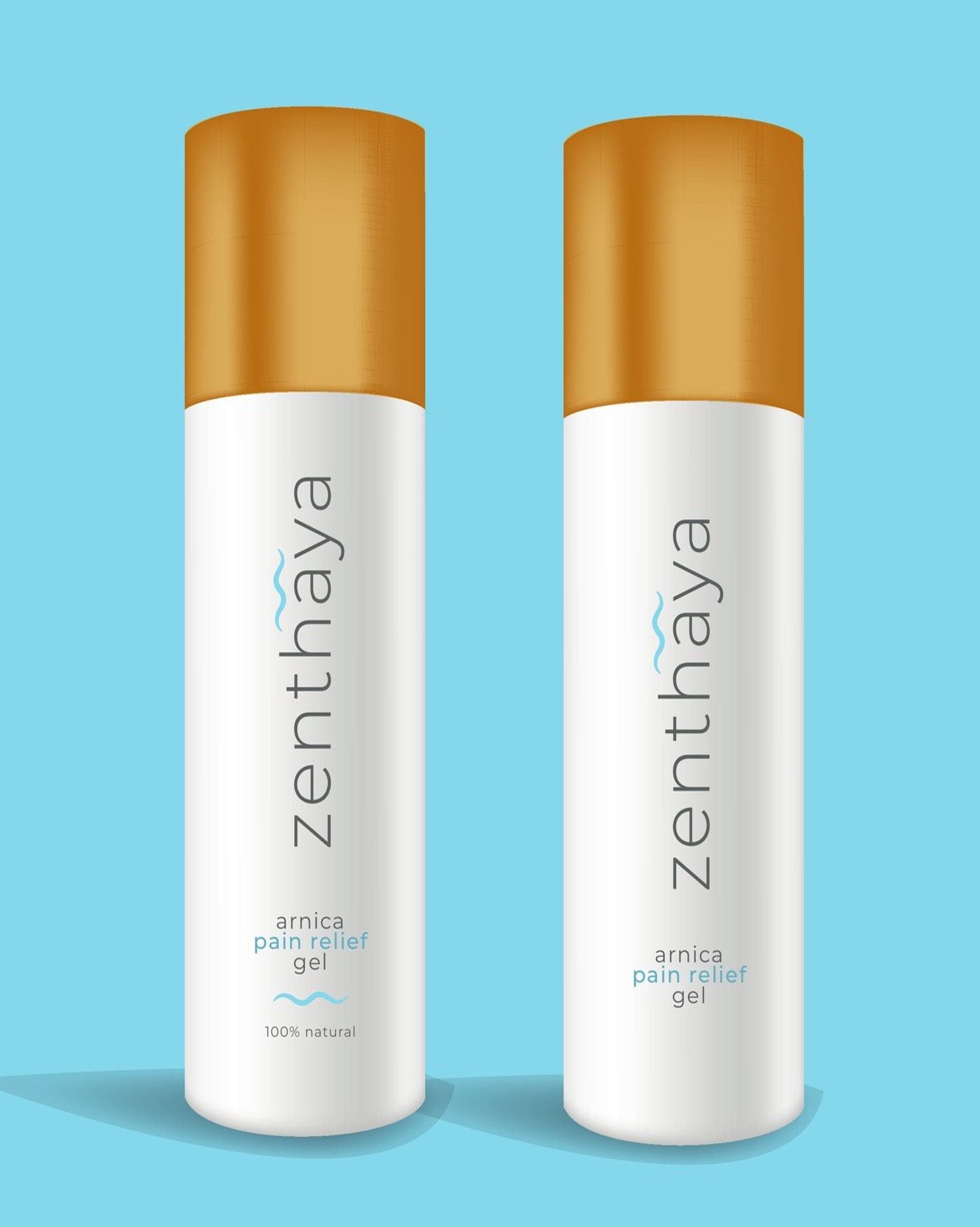Two zenthaya imprinted arnica pain relief gel bottles on a sky-blue background