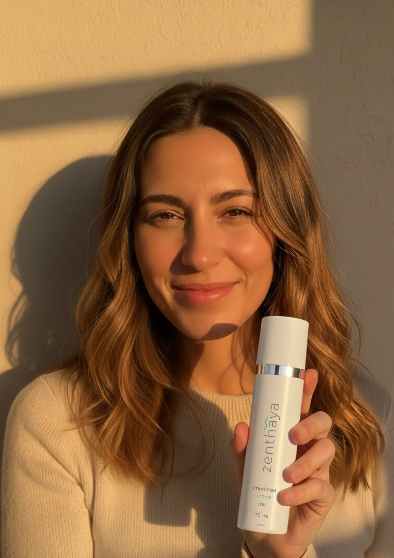 A woman smiling while holding a zenthaya bottle