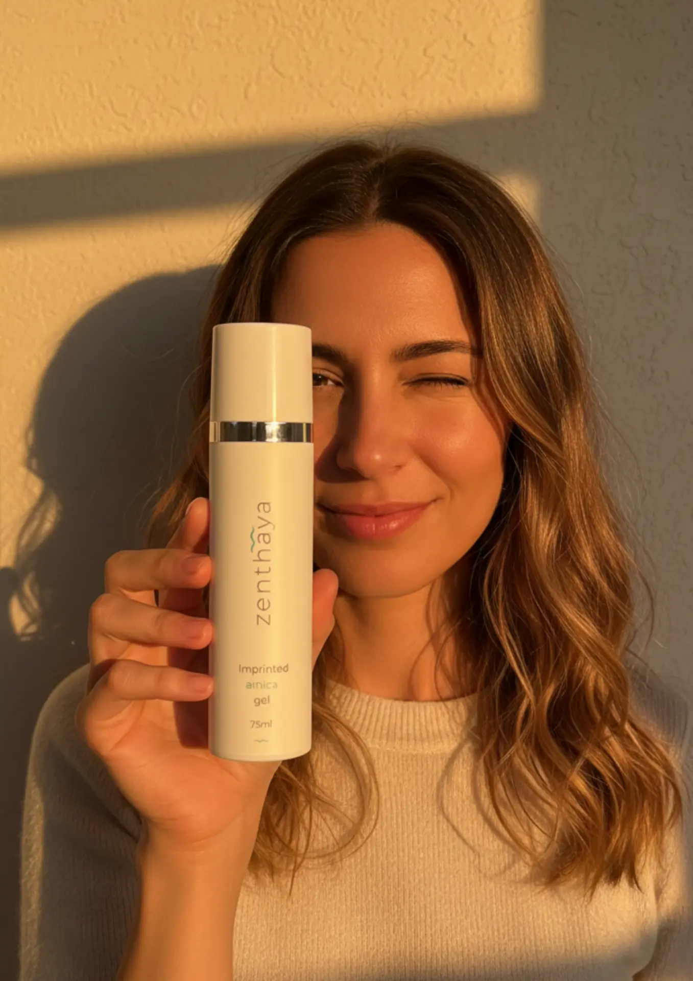 A woman holding the zenthaya bottle beside her face in warm light