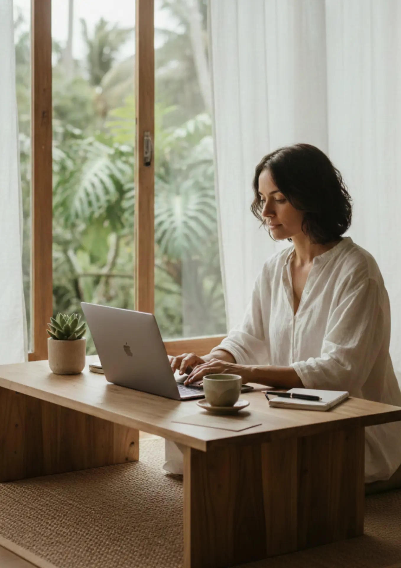 A woman writing at a wooden desk beside tropical plants