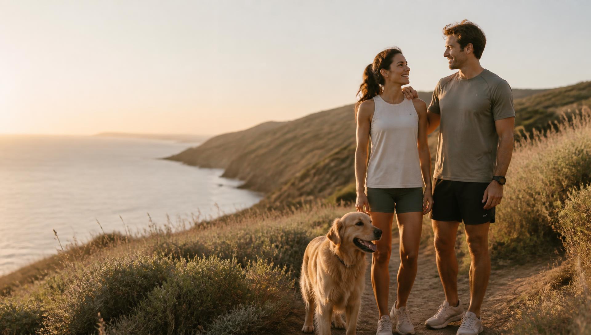 A couple walking a coastal path with their dog