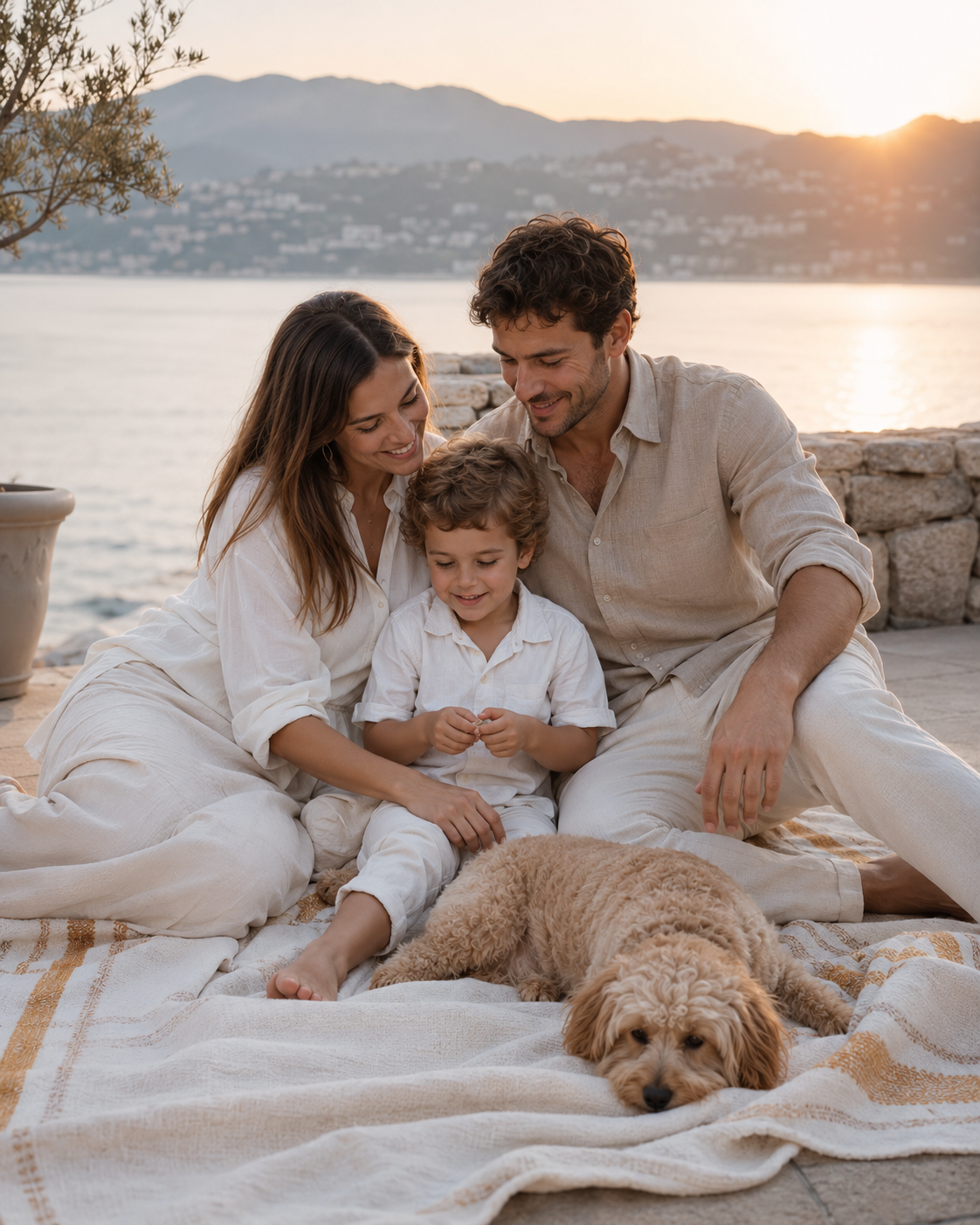 A family relaxing on a seaside terrace at sunset with their dog